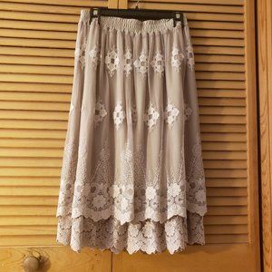 Indigo Soul Small Taupe Midi Skirt Lace Overlay